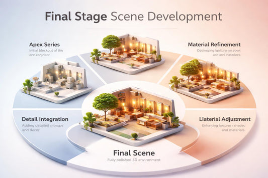 Diagram of final stage scene development with labeled stages on a beige background