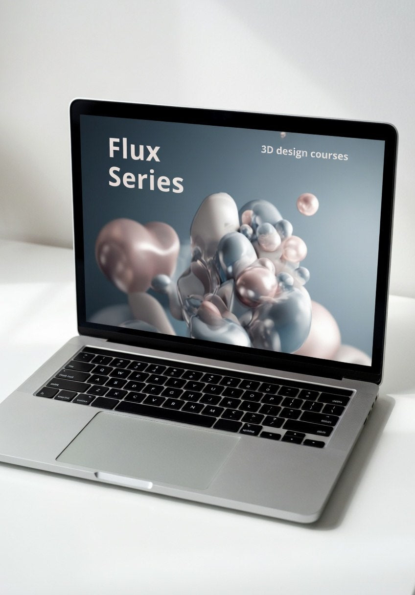Laptop displaying 'Flux Series 3D design courses' on a white surface