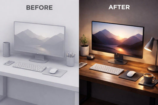 Before and after comparison of a home office setup with a computer monitor, keyboard, and desk items.