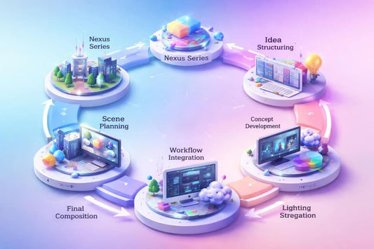 Diagram of a creative workflow process with various stages and elements.