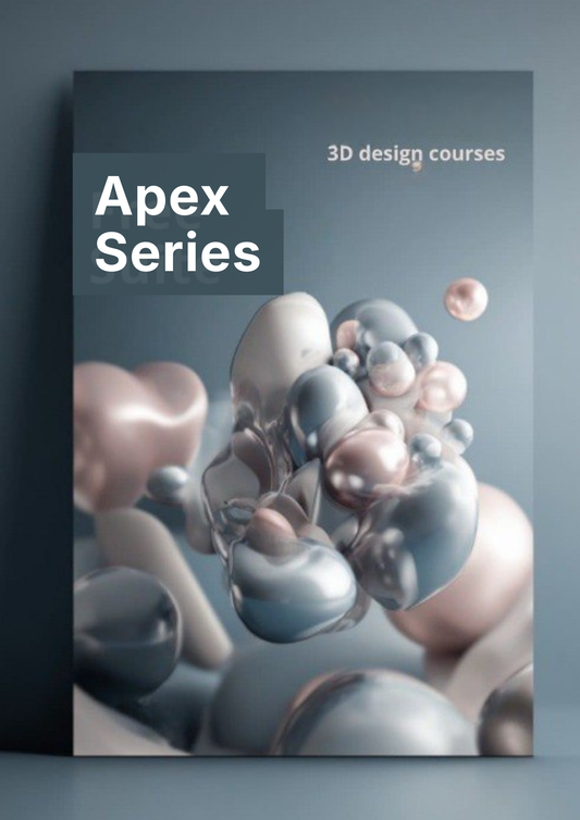 Book titled 'Apex Series 3D design courses' with abstract 3D shapes on a gray background