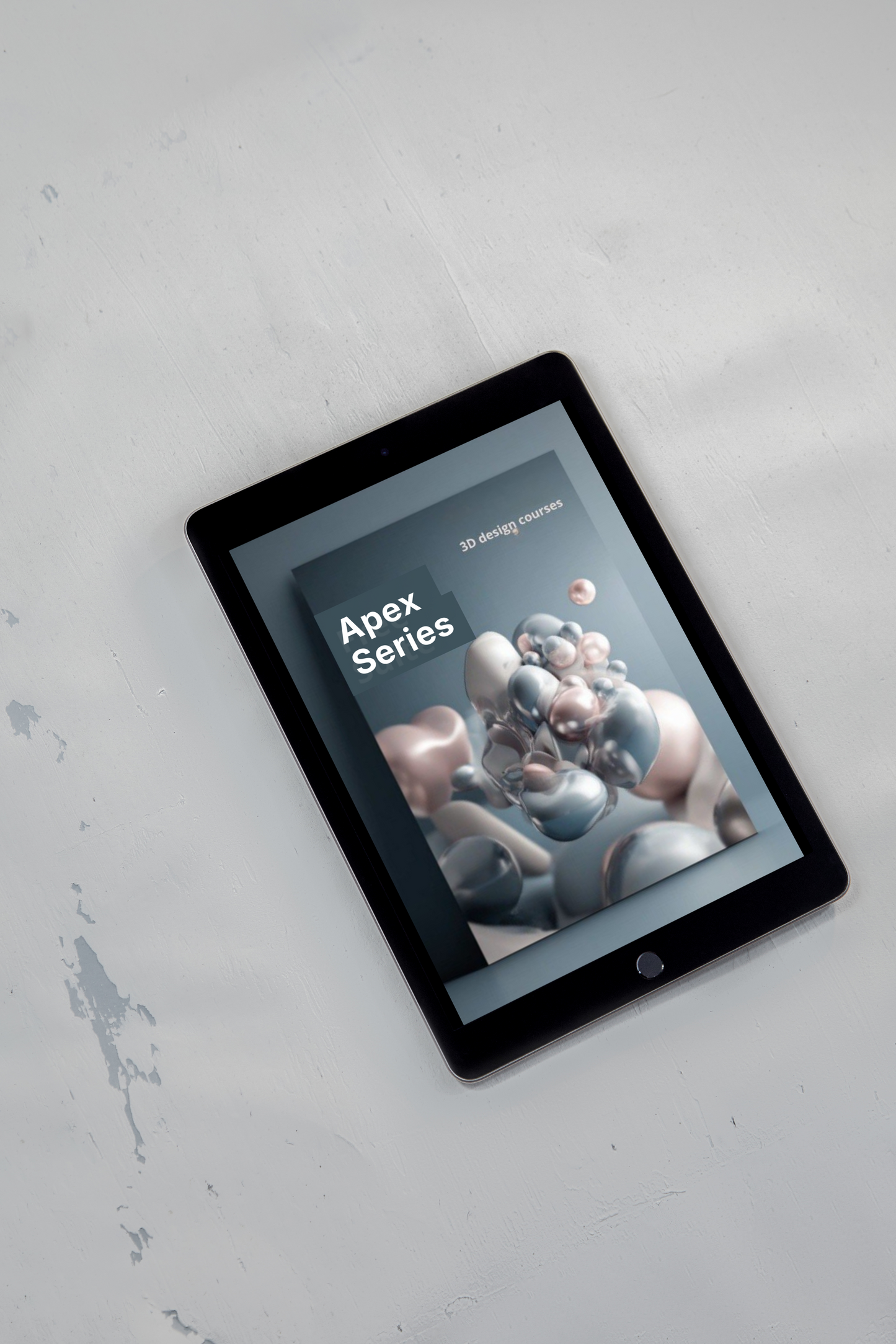 Tablet displaying 'Apex Series' on a light gray surface