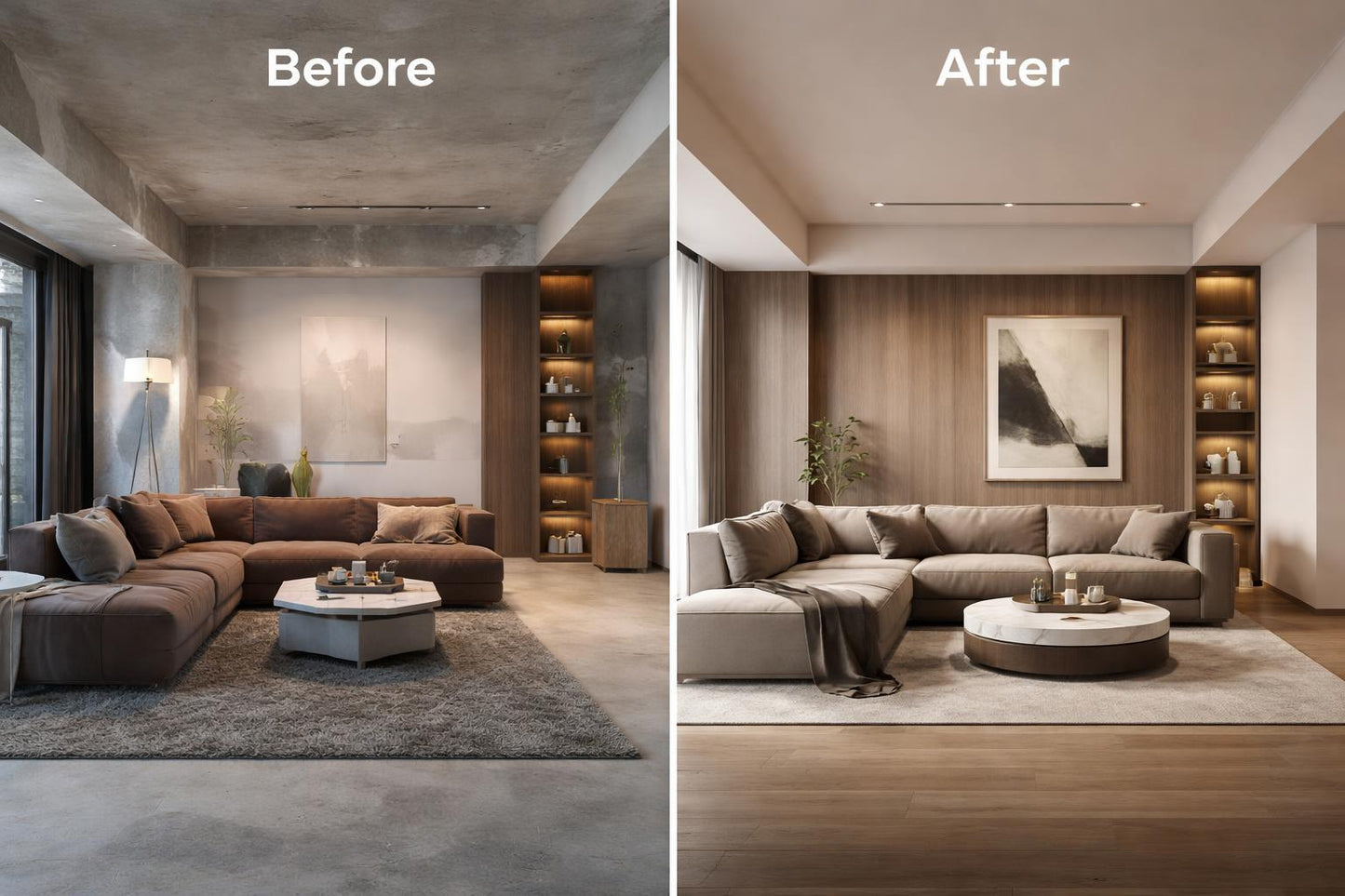 Before and after comparison of a living room interior design.