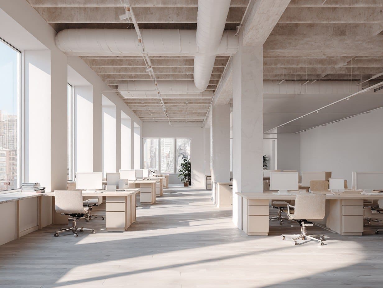 Modern office space with large windows and open layout