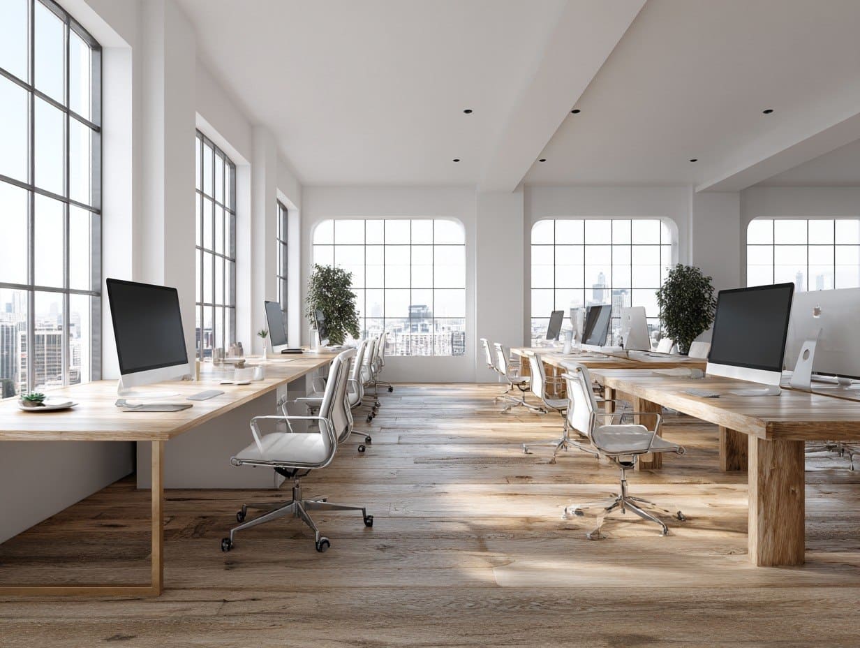 Modern office with wooden desks, chairs, and large windows.