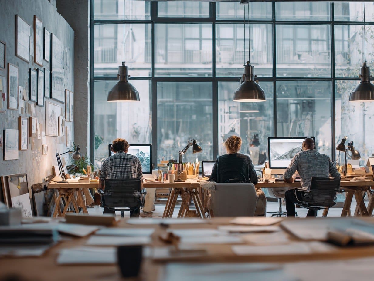 Three people working at desks in a modern office with large windows.
