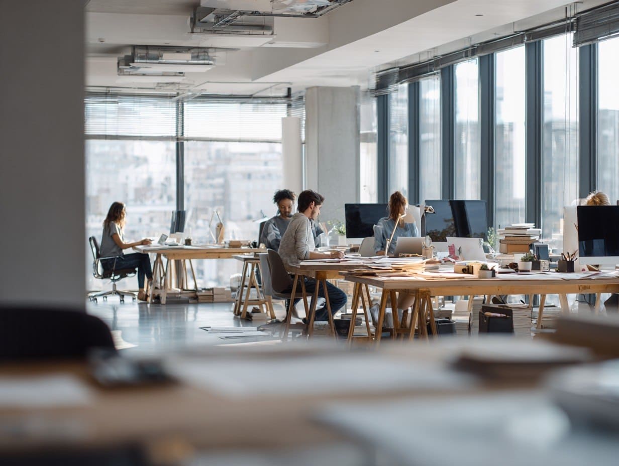 Modern office with people working at desks near large windows