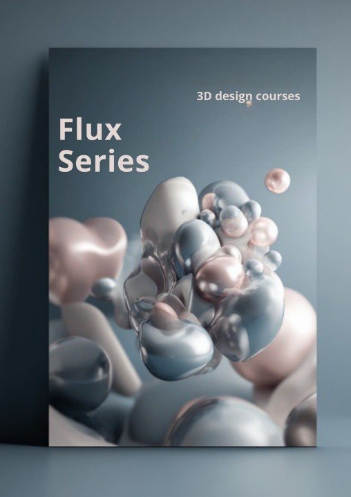 Book titled 'Flux Series' with 3D design courses on a gray background