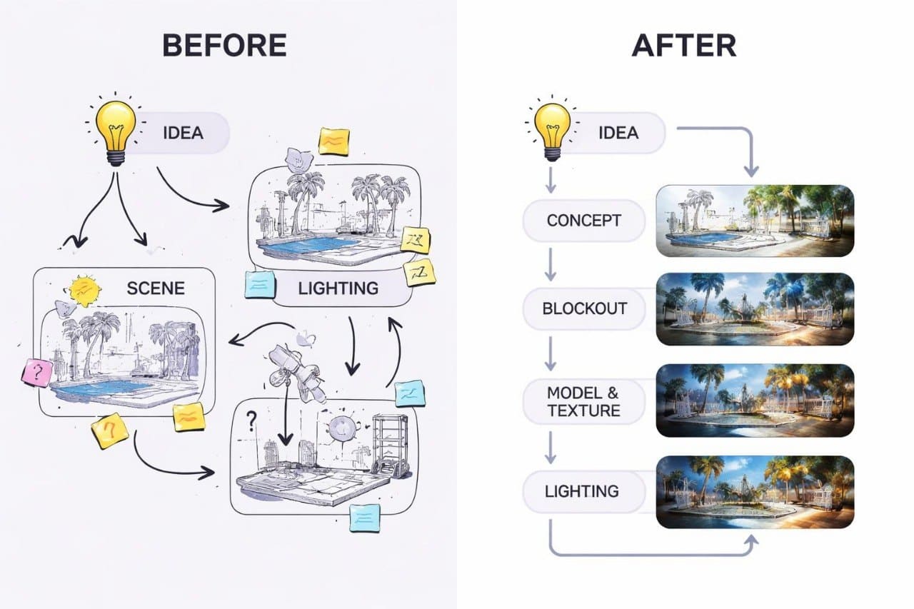 Before and after comparison of a design process flowchart for a scene with lighting elements.