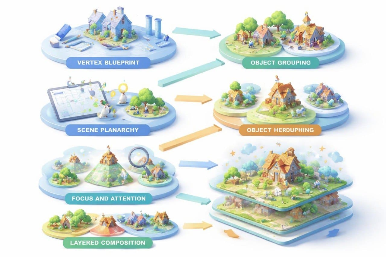 Diagram showing different design elements of a digital landscape with labeled sections.