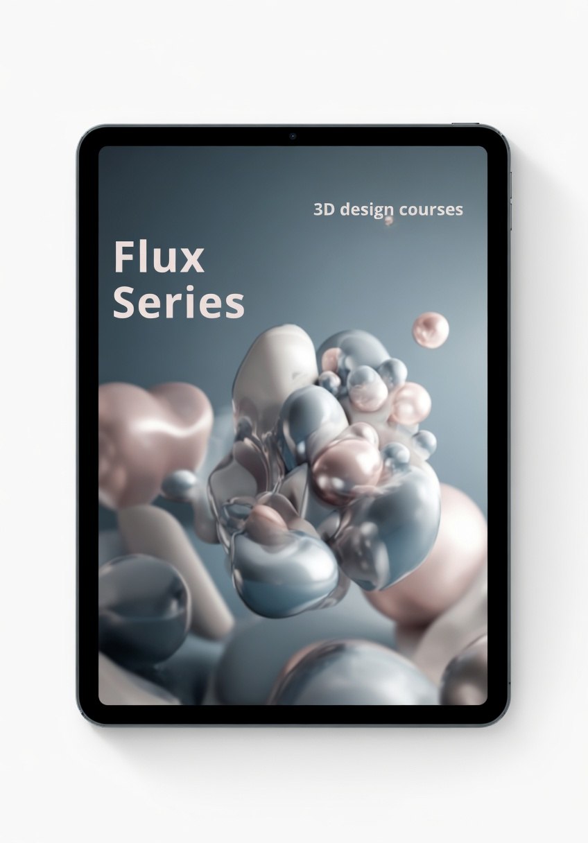 Tablet displaying 'Flux Series 3D design courses' on a white background