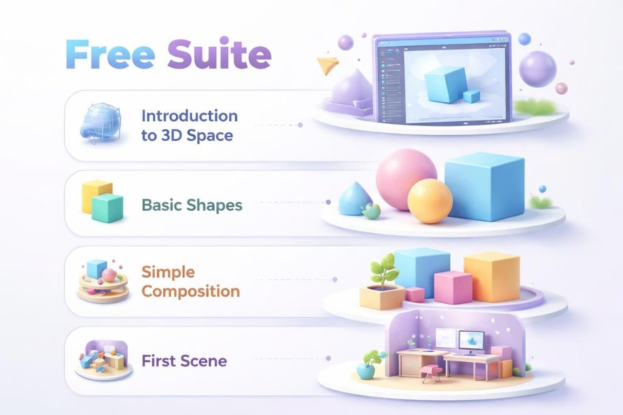 Free Suite educational content on 3D space with colorful geometric shapes and a computer screen.
