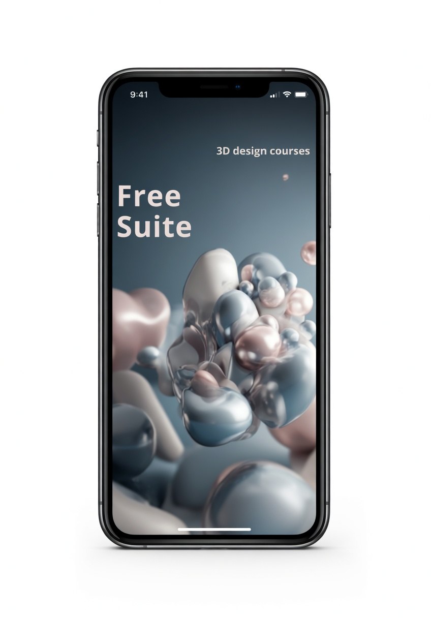 Phone displaying 'Free Suite' app with abstract 3D design on screen