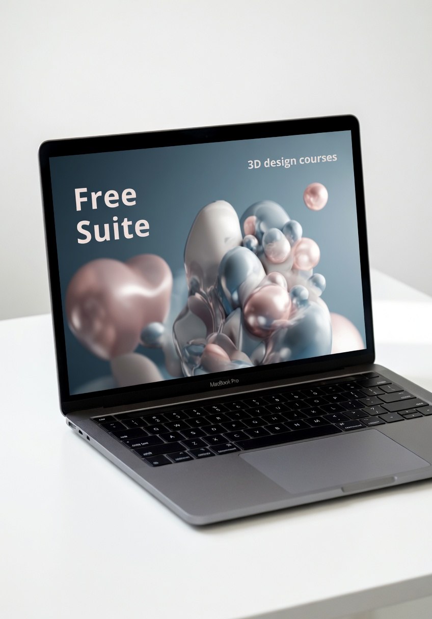 Laptop displaying a 3D design courses screen with 'Free Suite' text on a white surface.