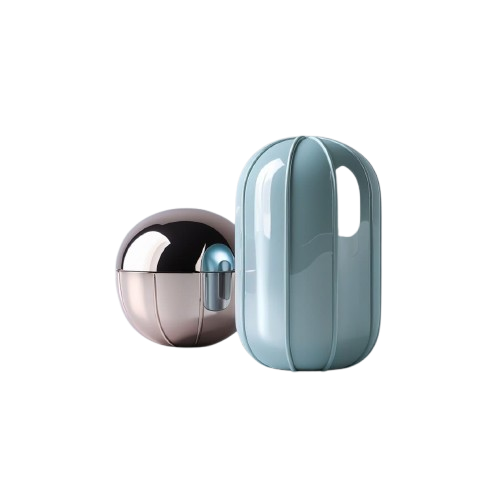 Two cylindrical containers, one metallic and one matte, on a white background