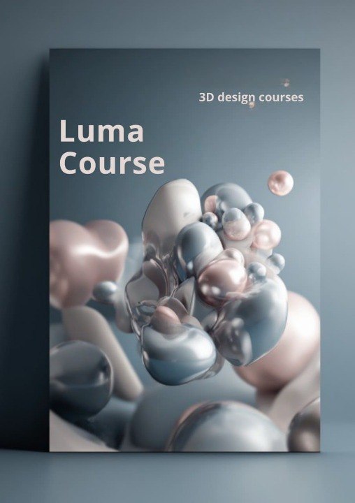 Book or course cover titled 'Luma Course' with 3D design elements on a gray background