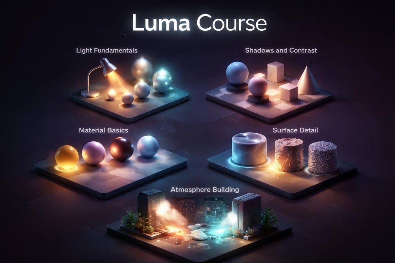 Educational display of Luma Course topics with 3D models and lighting effects.