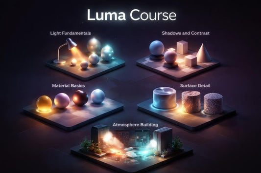 Educational display of Luma Course topics with 3D models and lighting effects.