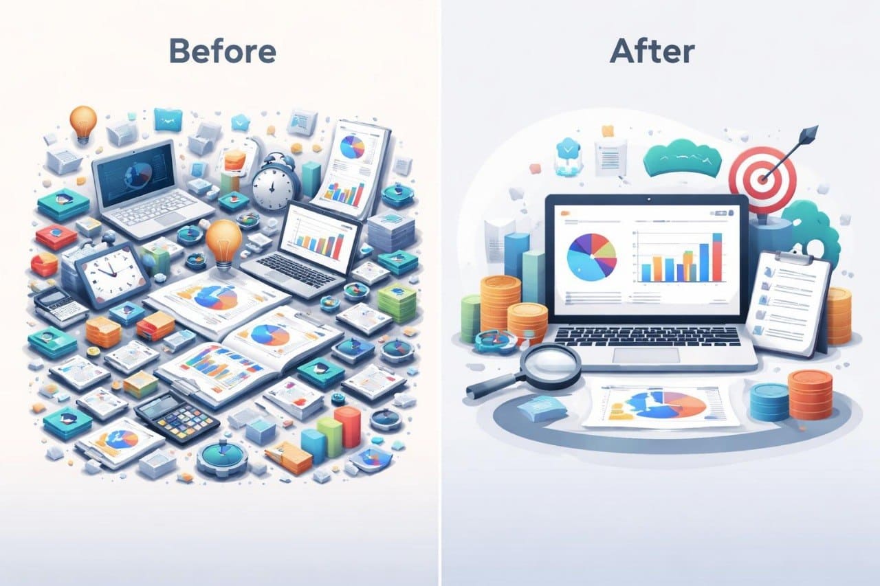 Before and after comparison of a digital workspace with icons and a laptop.