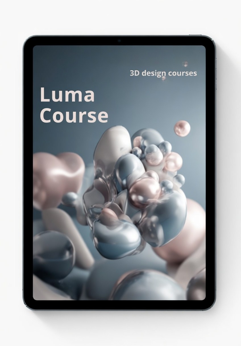 Tablet displaying a Luma Course 3D design courses app with abstract shapes on a gray background