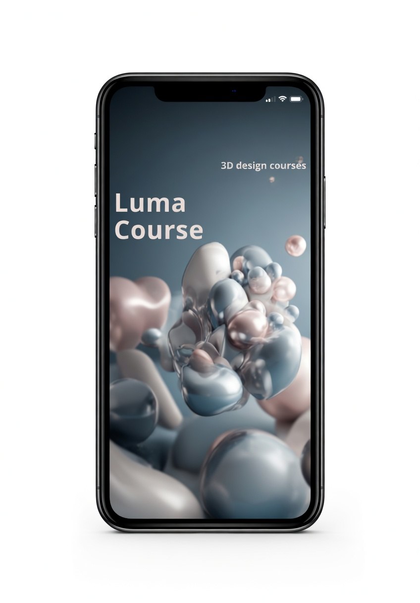 Phone displaying 'Luma Course' with 3D design on a white background