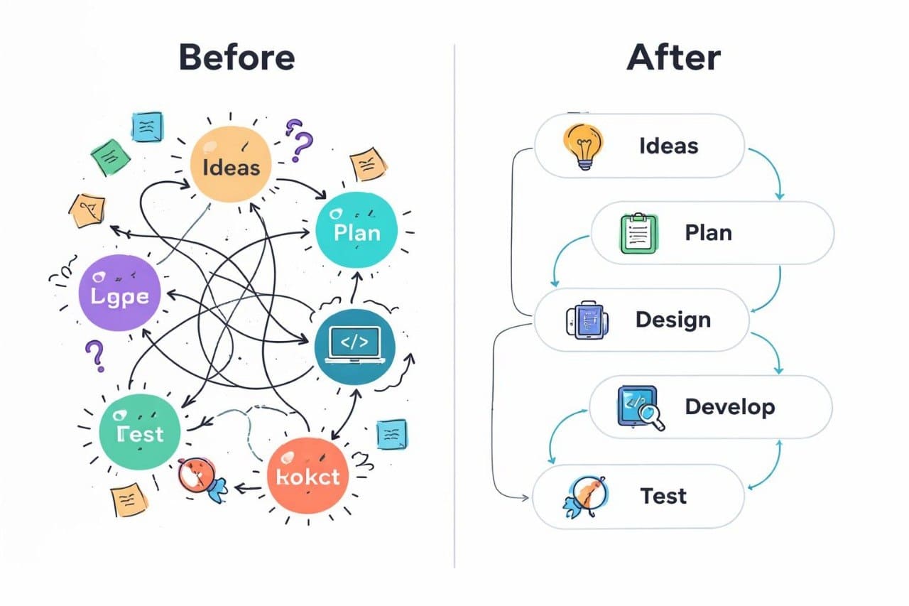 Comparison of a complex diagram labeled 'Before' with a simplified diagram labeled 'After' on a white background.