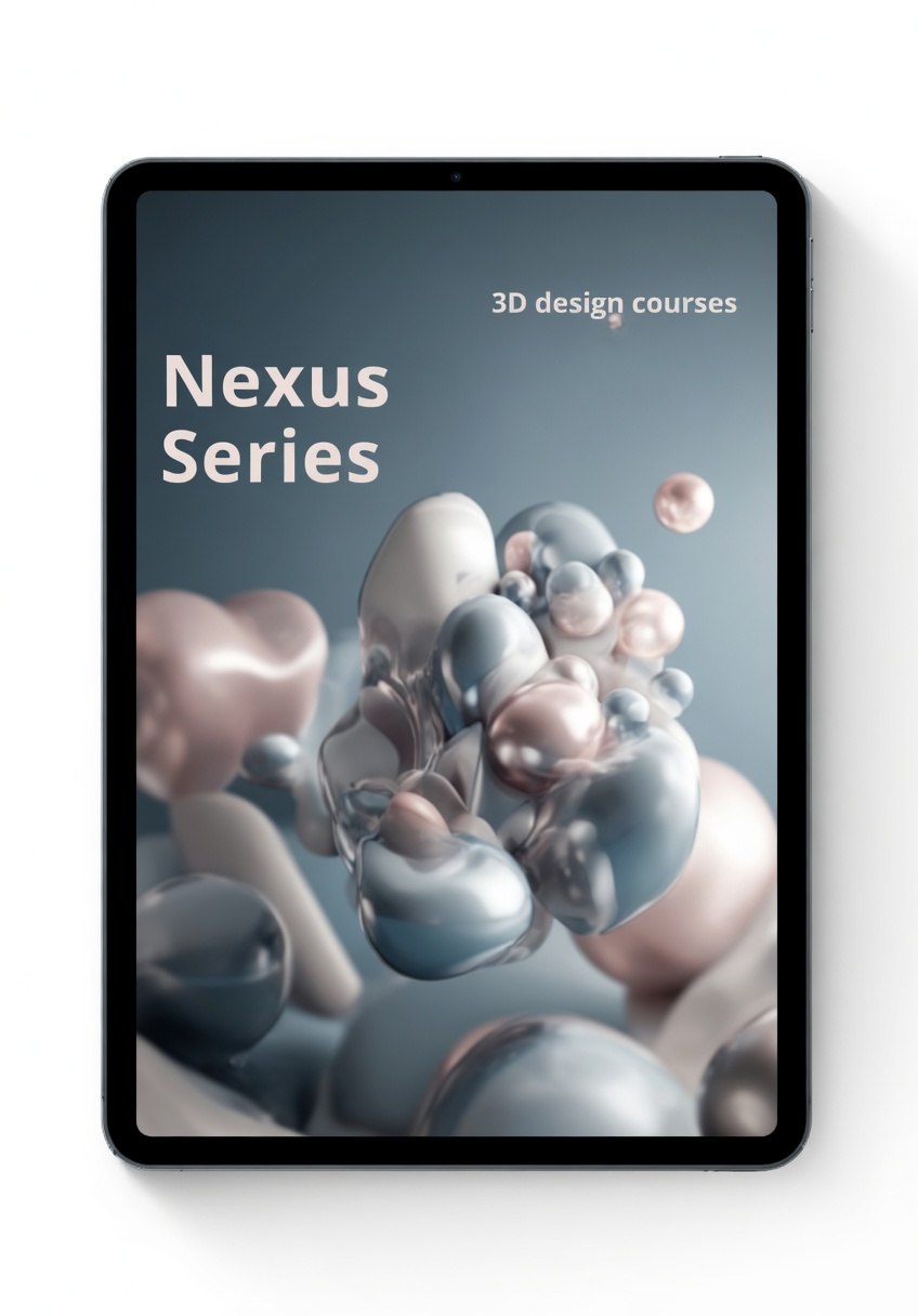 Tablet displaying 'Nexus Series' 3D design courses on a white background