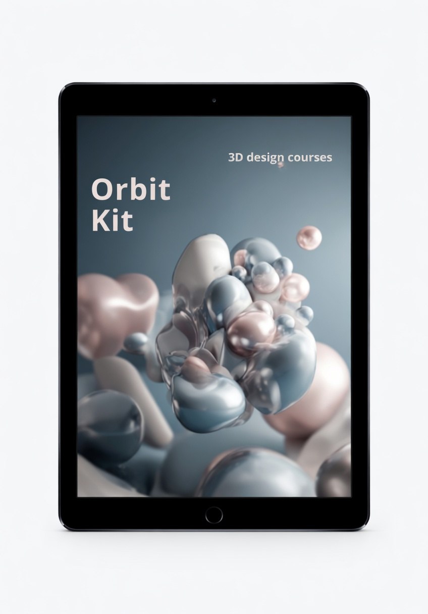 Tablet displaying 'Orbit Kit' with 3D design courses on a white background