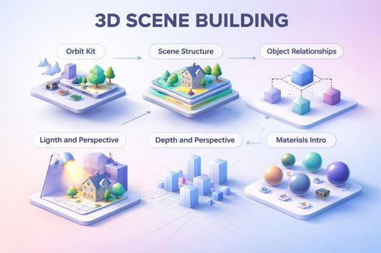 Diagram of 3D scene building process with various elements and labels.