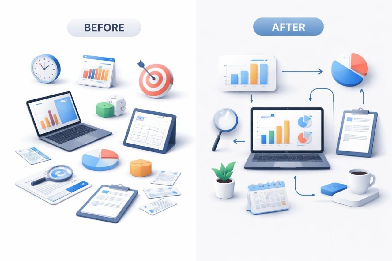 Before and after comparison of digital tools and analytics on a white background