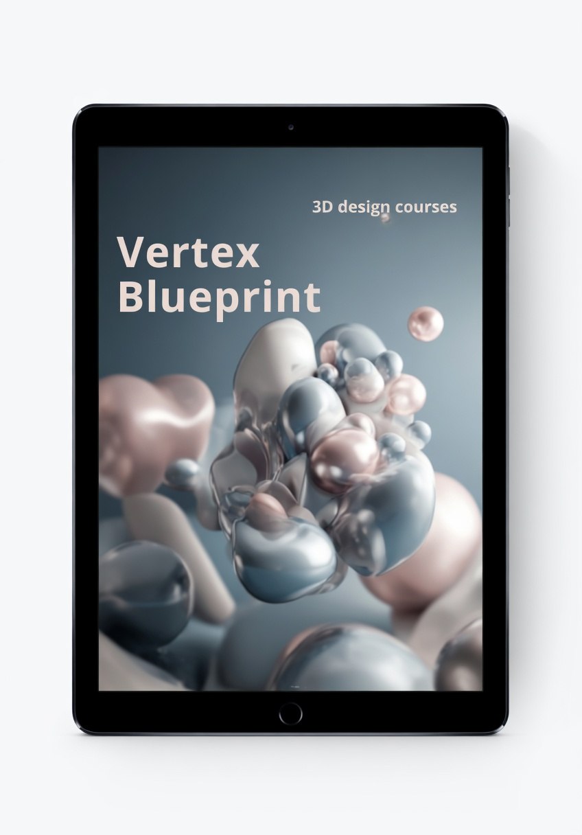 Tablet displaying 'Vertex Blueprint' 3D design courses on a white background