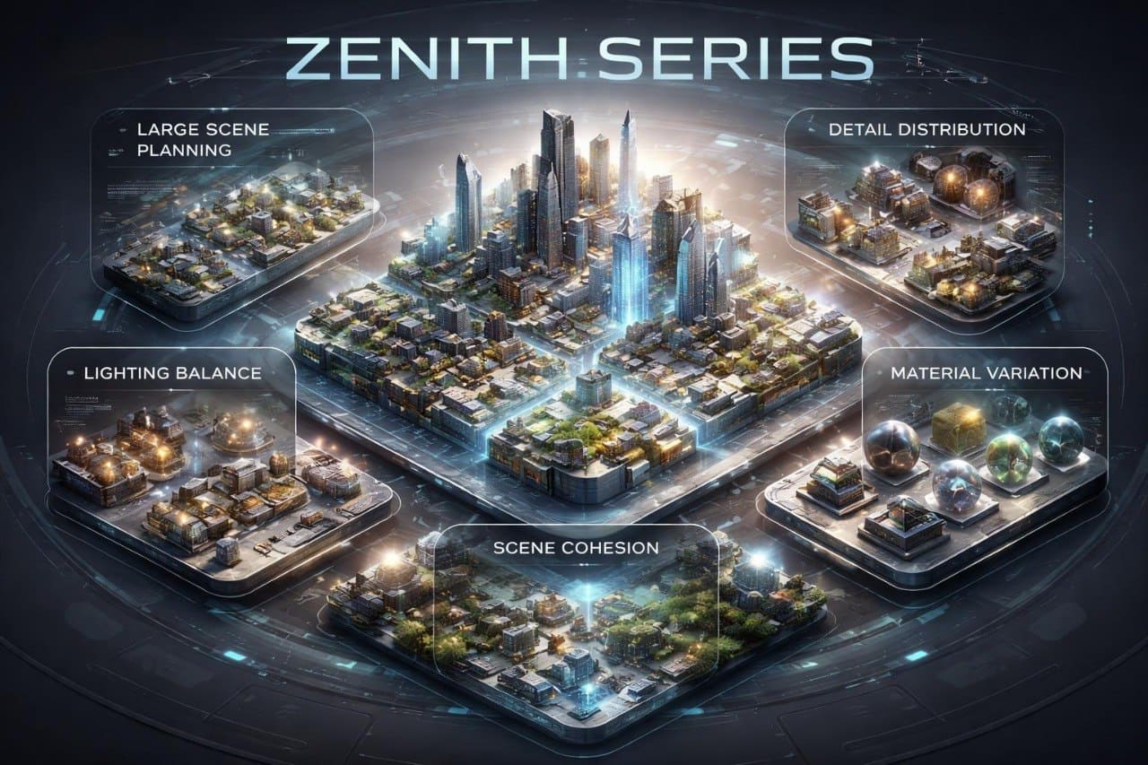 Cityscape with 'Zenith Series' branding, featuring planning, detail distribution, lighting balance, and scene cohesion elements.