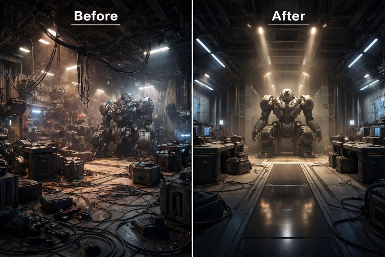 Before and after comparison of a futuristic industrial setting with robots.
