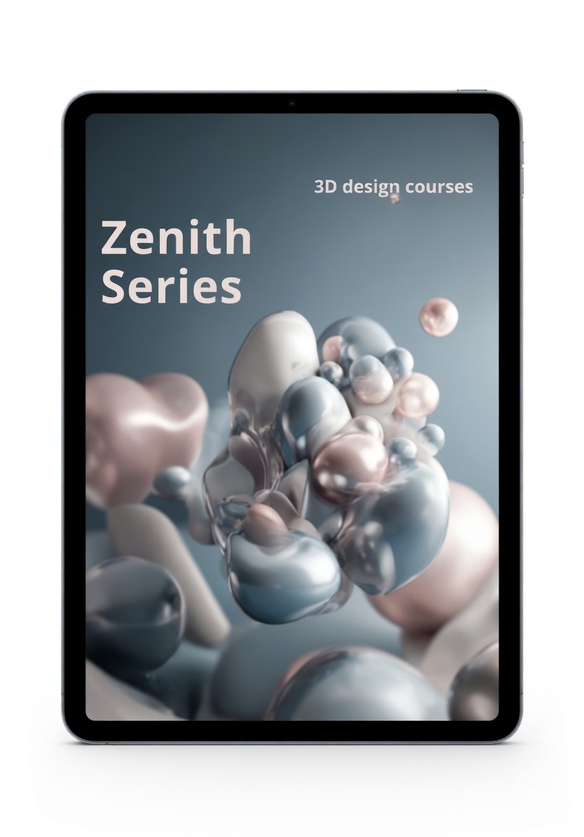 Tablet displaying 'Zenith Series' 3D design courses on a white background
